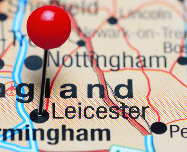 Map of England - pin in Leicester